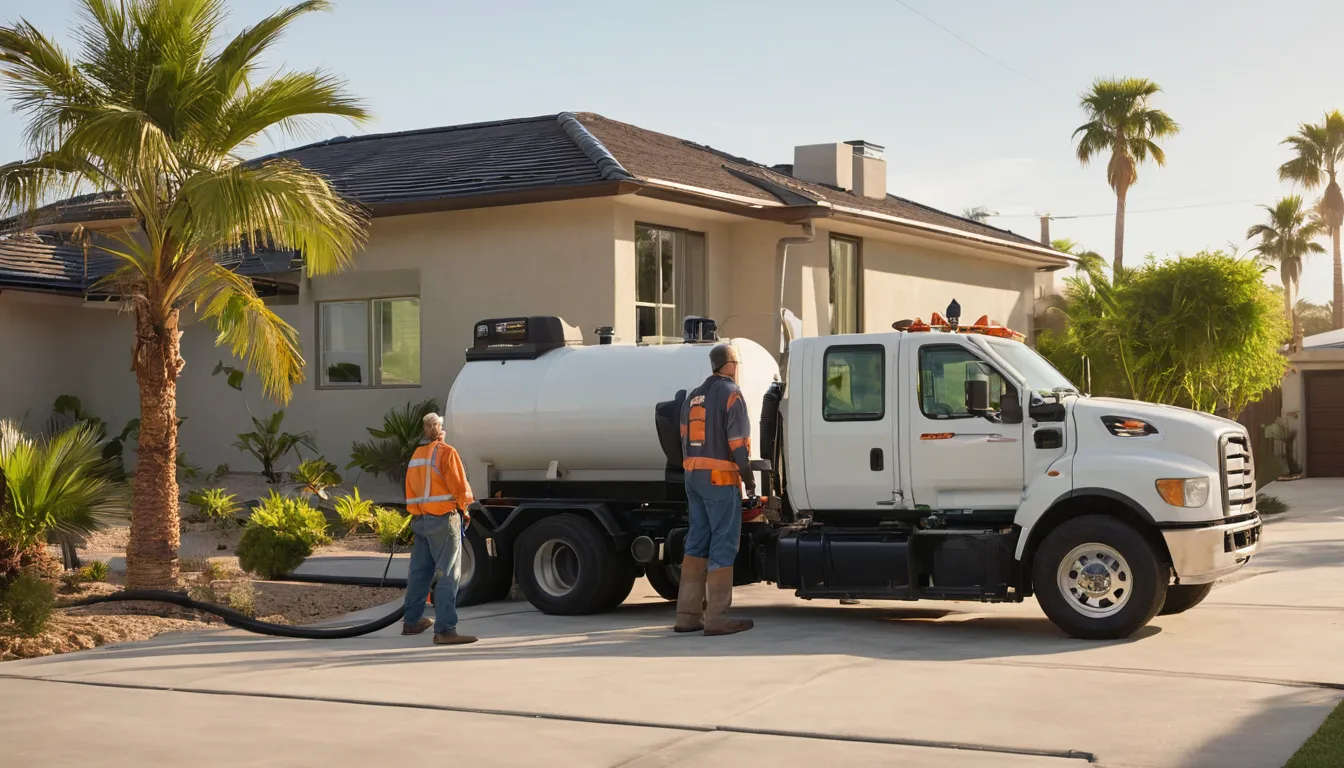 A septic service truck parked at a single-story concrete block home in Weston